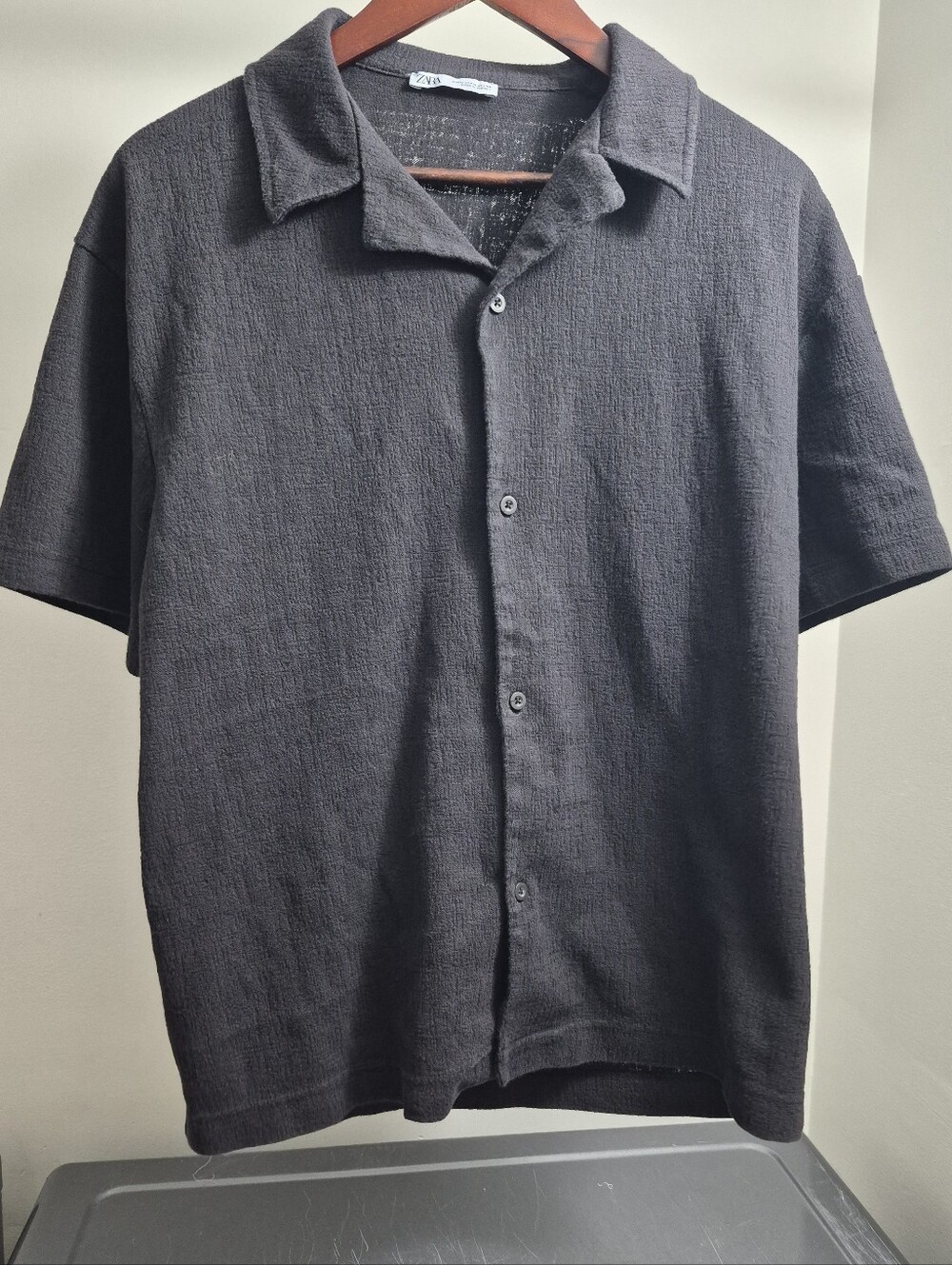 Zara Black Short-Sleeve Textured Button-Down Shirt